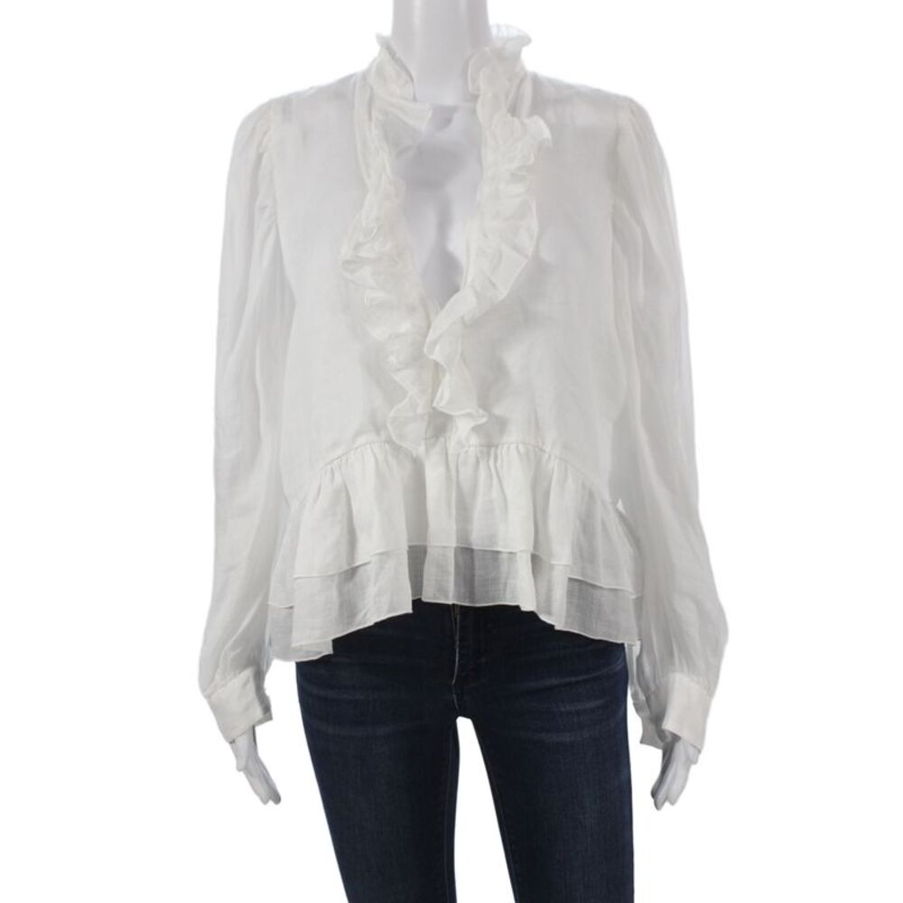 Zara Women Tunic Blouse White Linen V-Neck Long Sleeve Bohemian Size 2XL
